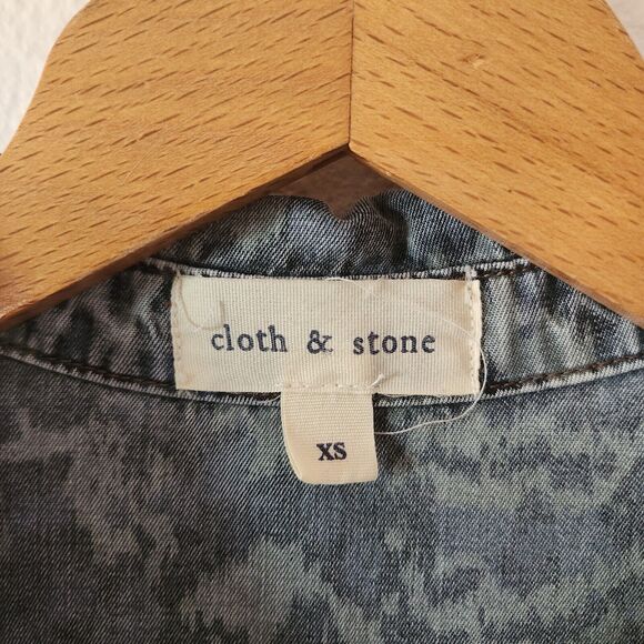 Anthro Cloth & Stone Camo Ikat Chambray Tunic Shirt Dress Tencel Roll Tab XS - Picture 3 of 9